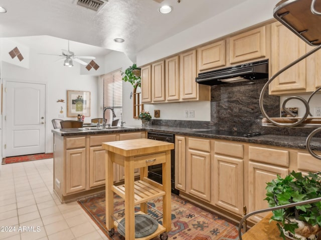 kitchen with light brown cabinets, sink, and vaulted ceiling