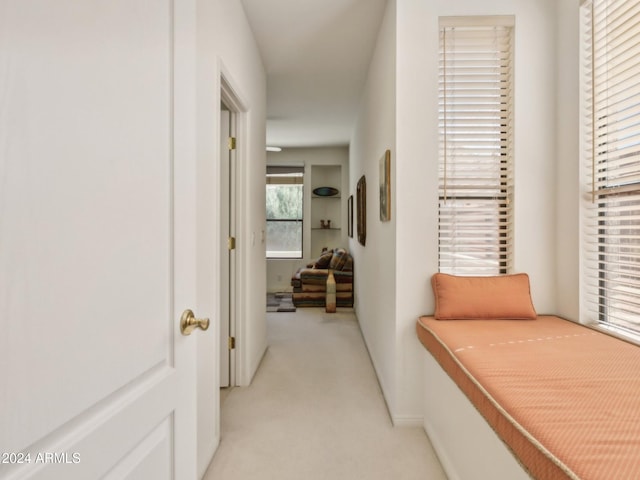 corridor with light colored carpet