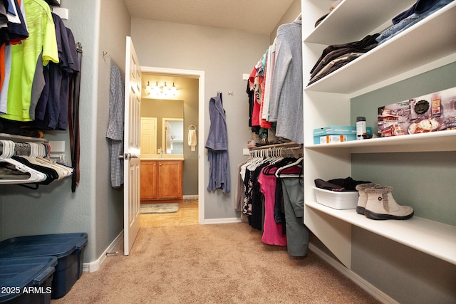 walk in closet with light colored carpet