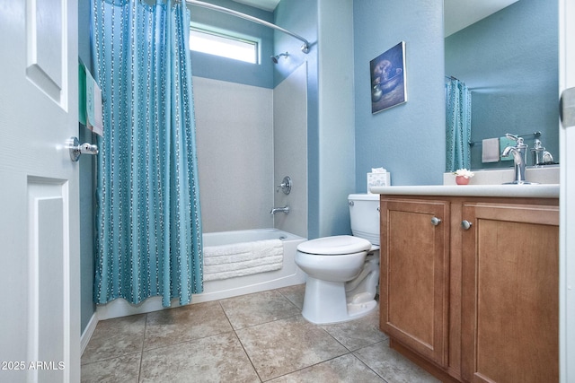 full bathroom featuring tile patterned flooring, vanity, shower / tub combo with curtain, and toilet