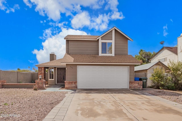 view of front of property featuring roof with shingles, a chimney, concrete driveway, a garage, and brick siding