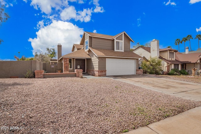 view of front facade featuring brick siding, an attached garage, driveway, and fence