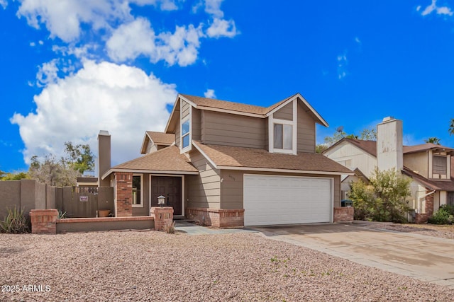 view of front of home with fence, roof with shingles, an attached garage, concrete driveway, and brick siding