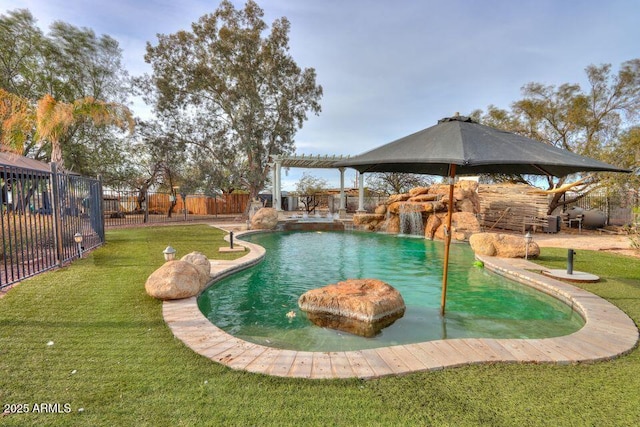 view of swimming pool with a fenced in pool, a pergola, fence, and a lawn