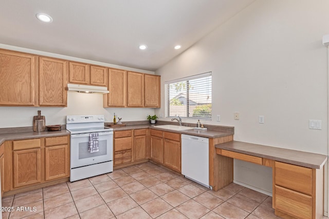 10318 E Plata Ave, Mesa, AZ 85212 - kitchen featuring white appliances, under cabinet range hood, vaulted ceiling, light tile patterned floors, and recessed lighting