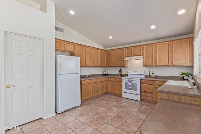 10318 E Plata Ave, Mesa, AZ 85212 - kitchen featuring white appliances, under cabinet range hood, lofted ceiling, recessed lighting, and light tile patterned floors