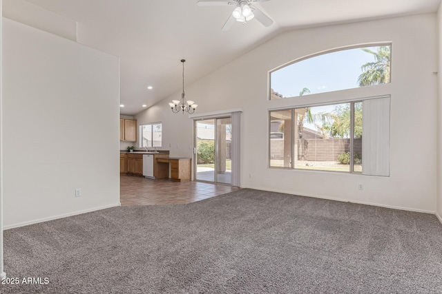 10318 E Plata Ave, Mesa, AZ 85212 - unfurnished living room featuring a chandelier, carpet flooring, ceiling fan, lofted ceiling, and tile patterned flooring