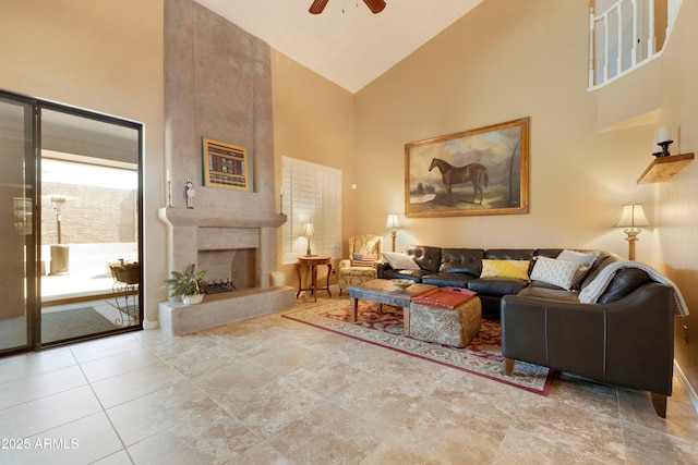 3538 E Squawbush Pl, Phoenix, AZ 85044 - tiled living area featuring high vaulted ceiling, ceiling fan, and a premium fireplace