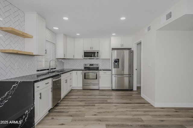 8955 W Monterey Way, Phoenix, AZ 85037 - kitchen featuring appliances with stainless steel finishes, a sink, open shelves, white cabinets, and tasteful backsplash