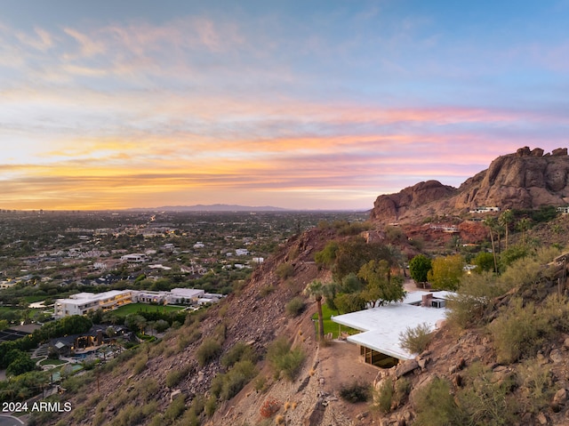 aerial view at dusk with a mountain view