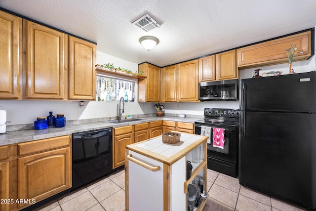 kitchen featuring light tile patterned floors, visible vents, black appliances, open shelves, and a sink