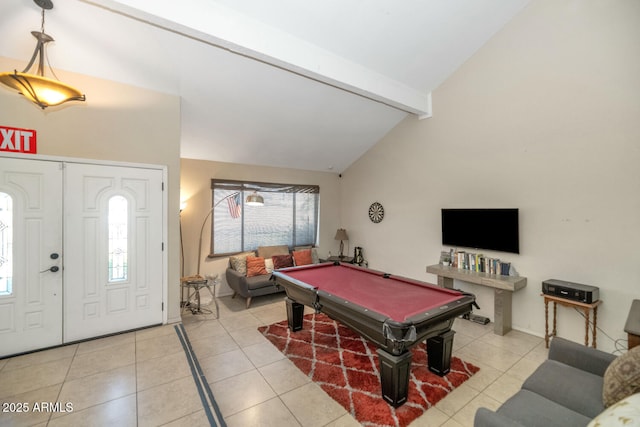 game room with tile patterned flooring, pool table, high vaulted ceiling, and beamed ceiling