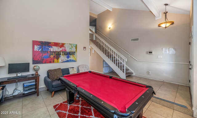 game room featuring pool table, beamed ceiling, and tile patterned flooring