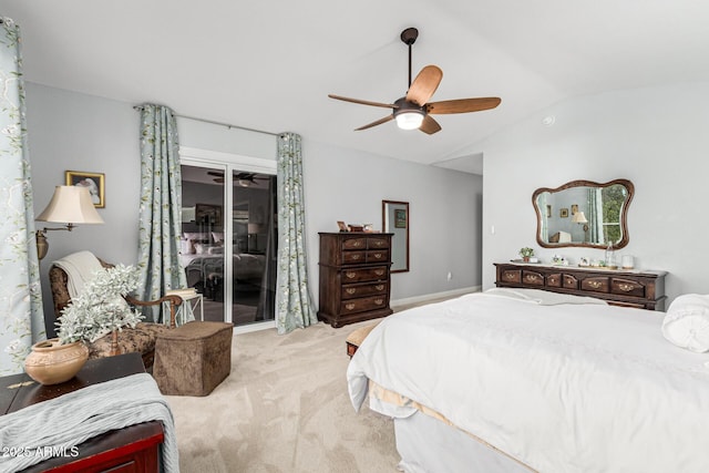 bedroom with light carpet, access to exterior, lofted ceiling, and ceiling fan