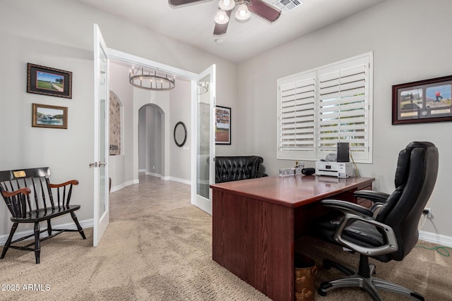 3824 E Parkside Ln, Phoenix, AZ 85050 - office space featuring french doors, arched walkways, carpet flooring, ceiling fan, and baseboards