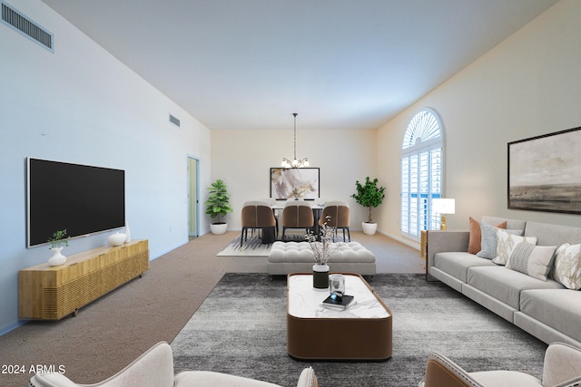 carpeted living room with a notable chandelier