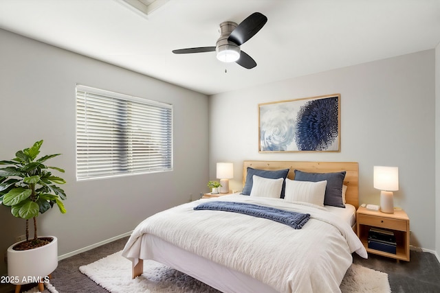 carpeted bedroom with ceiling fan