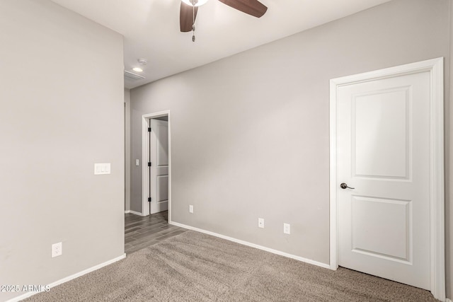 spare room with carpet floors, a ceiling fan, baseboards, and recessed lighting