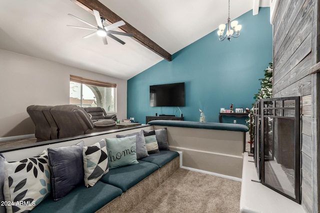 living room with light colored carpet, lofted ceiling with beams, and ceiling fan with notable chandelier