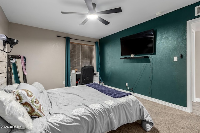 bedroom featuring carpet flooring and ceiling fan