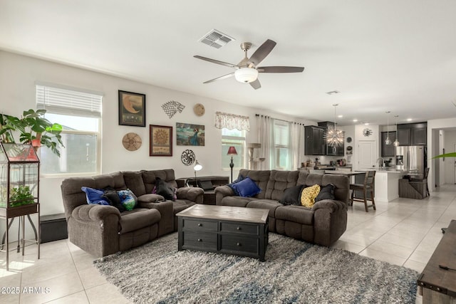 4269 W Coneflower Ln, San Tan Valley, AZ 85144 - living area with light tile patterned floors, a ceiling fan, visible vents, and recessed lighting