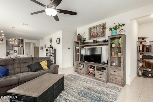 4269 W Coneflower Ln, San Tan Valley, AZ 85144 - living room featuring light tile patterned floors, a ceiling fan, visible vents, and recessed lighting