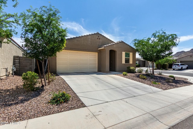 4269 W Coneflower Ln, San Tan Valley, AZ 85144 - ranch-style home with an attached garage, a tile roof, fence, concrete driveway, and stucco siding
