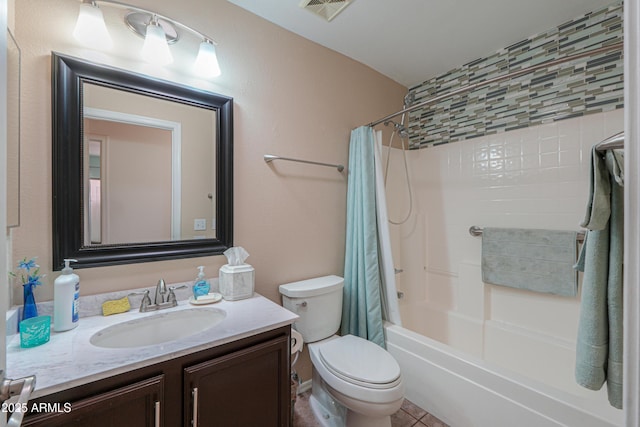 bathroom featuring tile patterned floors, visible vents, toilet, shower / bath combination with curtain, and vanity