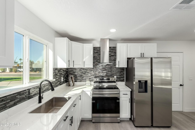 kitchen with appliances with stainless steel finishes, white cabinetry, a sink, and wall chimney exhaust hood