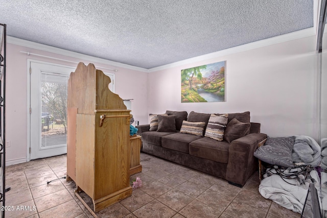 tiled living room with crown molding and a textured ceiling