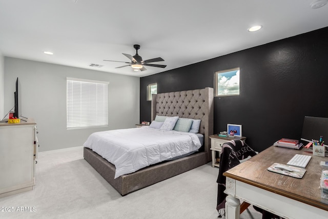 bedroom with a ceiling fan, baseboards, visible vents, recessed lighting, and light carpet