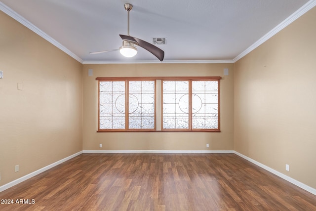 unfurnished room with ornamental molding, dark hardwood / wood-style floors, and ceiling fan