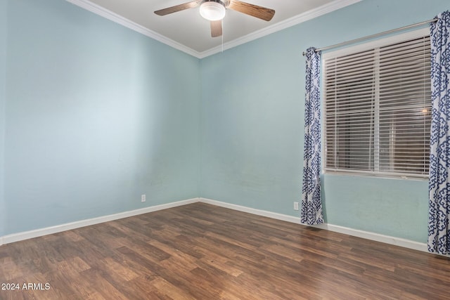 unfurnished room featuring ornamental molding, dark hardwood / wood-style floors, and ceiling fan