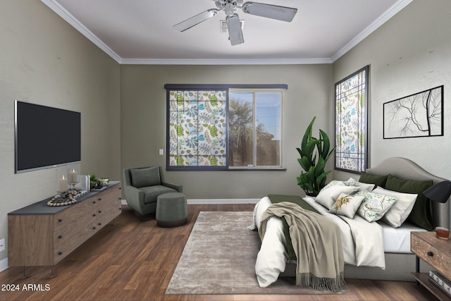 bedroom featuring ornamental molding, dark hardwood / wood-style floors, and ceiling fan