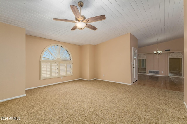 empty room with ceiling fan with notable chandelier, wooden ceiling, and vaulted ceiling