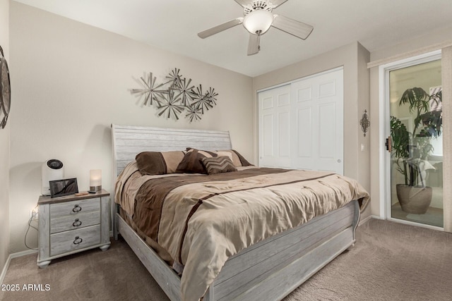 bedroom with baseboards, ceiling fan, access to outside, dark colored carpet, and a closet