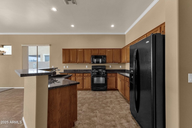 34944 N Mirandesa Dr, San Tan Valley, AZ 85143 - kitchen featuring black appliances, a sink, crown molding, brown cabinets, and recessed lighting