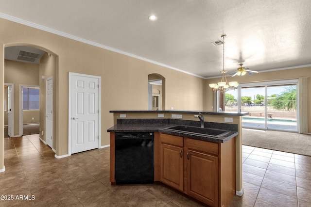 34944 N Mirandesa Dr, San Tan Valley, AZ 85143 - kitchen featuring dishwasher, a sink, arched walkways, crown molding, and tile patterned floors