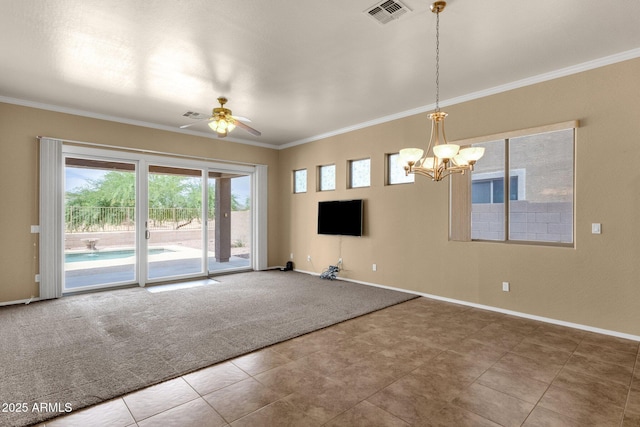 34944 N Mirandesa Dr, San Tan Valley, AZ 85143 - unfurnished living room featuring carpet flooring, ornamental molding, a chandelier, a ceiling fan, and baseboards