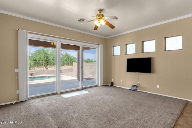 34944 N Mirandesa Dr, San Tan Valley, AZ 85143 - unfurnished living room with ornamental molding, plenty of natural light, carpet, and ceiling fan