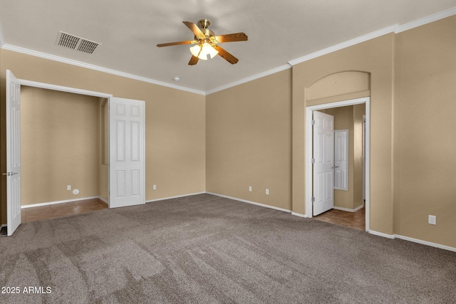 34944 N Mirandesa Dr, San Tan Valley, AZ 85143 - unfurnished bedroom featuring carpet flooring, ornamental molding, baseboards, and ceiling fan
