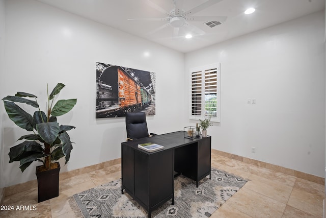 office space with ceiling fan