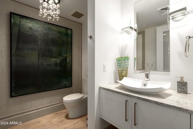 bathroom with hardwood / wood-style flooring, vanity, and toilet