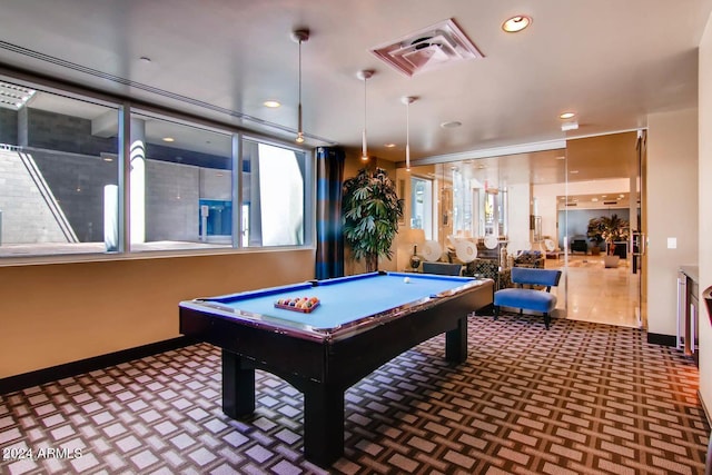 rec room featuring billiards and carpet