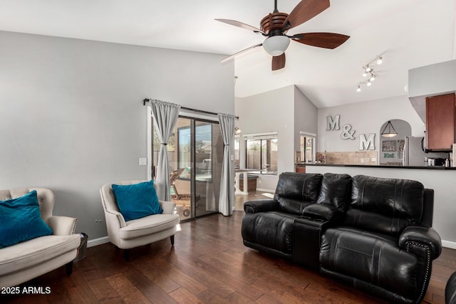 living room featuring high vaulted ceiling, ceiling fan, baseboards, and dark wood-style flooring