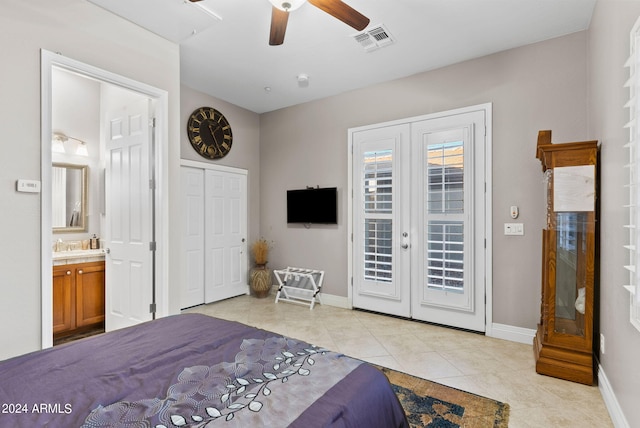 bedroom featuring access to exterior, french doors, ensuite bath, ceiling fan, and light tile patterned floors