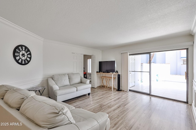 living area featuring wood finished floors, ornamental molding, and a textured ceiling
