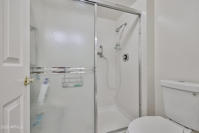 bathroom featuring toilet and a shower stall