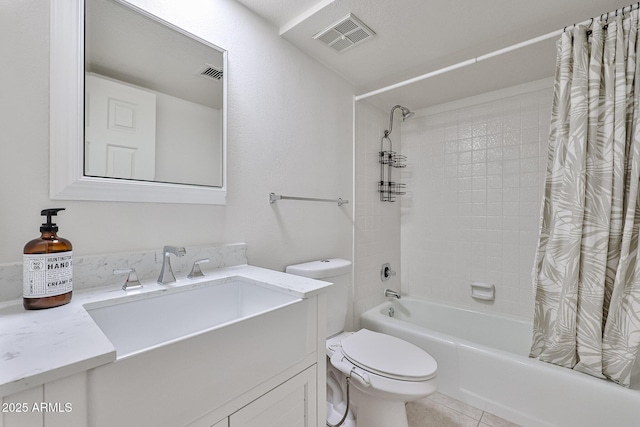 bathroom with toilet, shower / bath combo with shower curtain, tile patterned floors, and visible vents