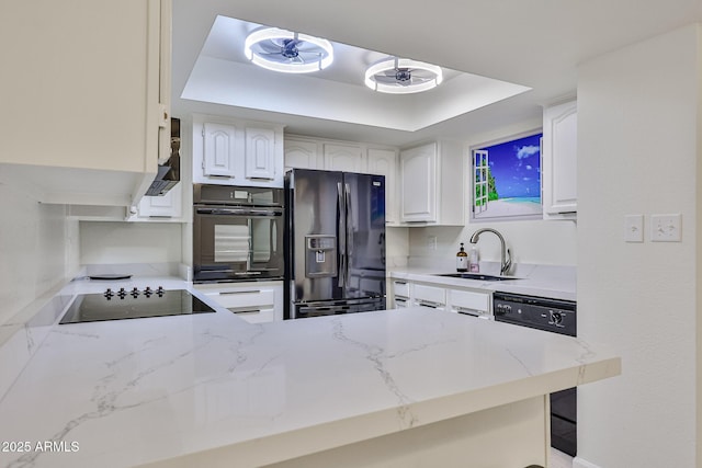 kitchen featuring a raised ceiling, a sink, white cabinets, light stone countertops, and black appliances